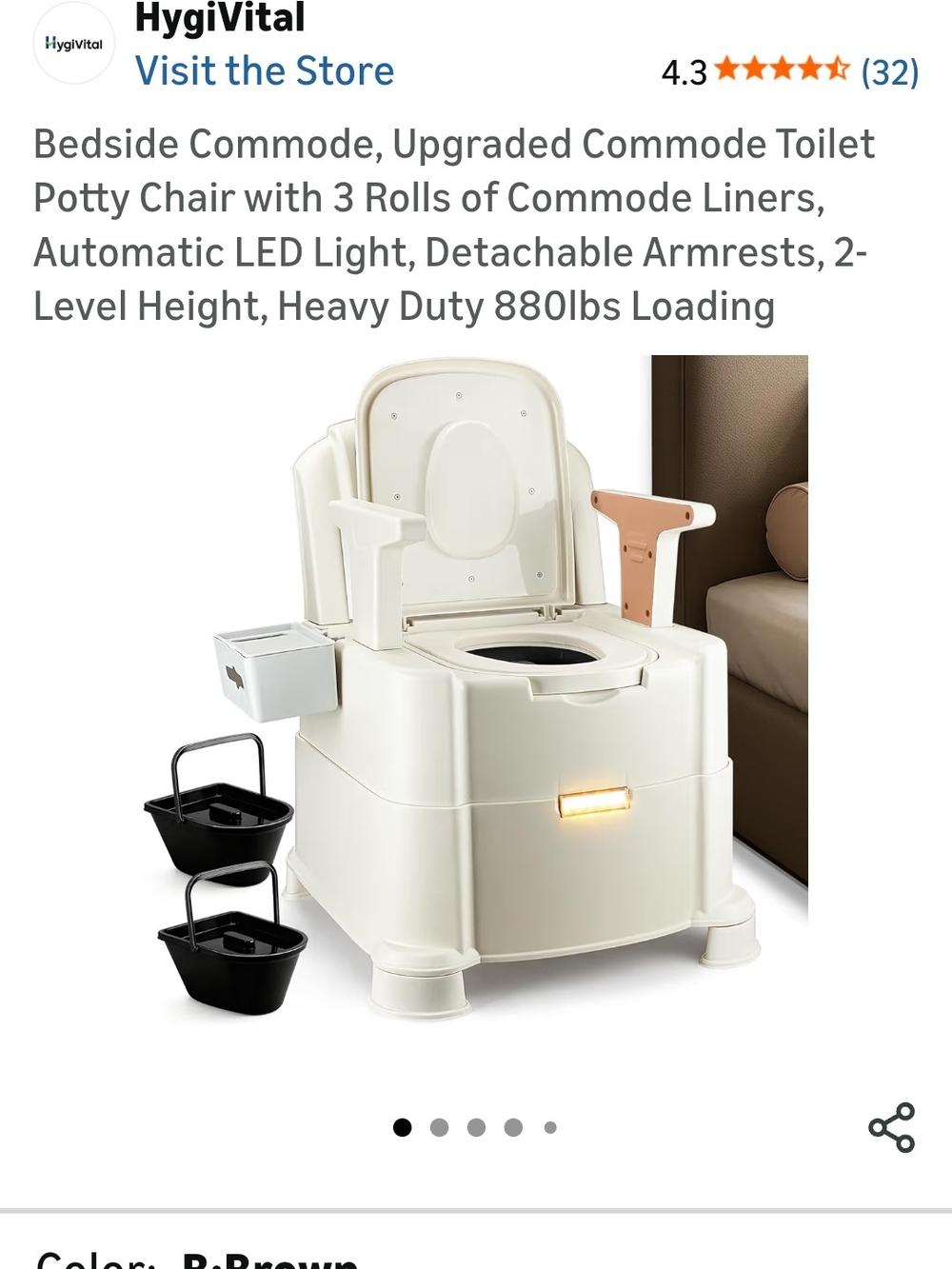 HygiVital Bedside Commode Potty Chair in Off-White with Brown Accents